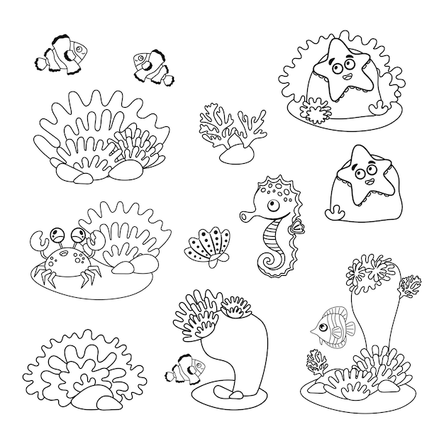 anemone and algae set in a simple linear style color set in cartoon style black and white image