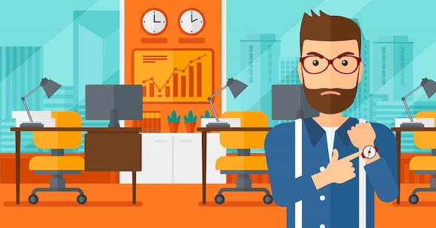Angry boss pointing at wrist watch.