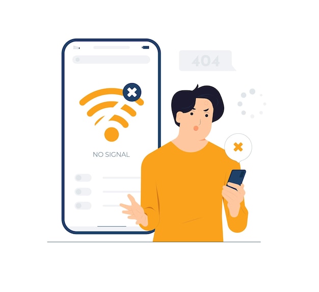 Angry unhappy man screaming while looking at smart mobile phone because bad device work and poor weak wifi signal lost connection internet disconnection bad data service concept illustration