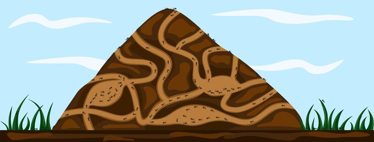 Vector ant family moving in tunnels anthill. home of insects which life into hill. vector cartoon close-up illustration. teamwork concept. vector illustration.