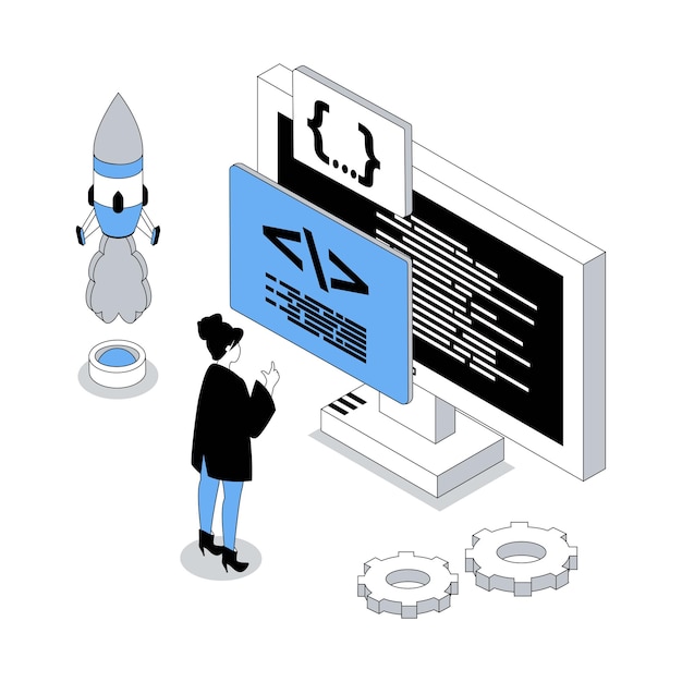 App development 3d isometric concept with isometry people design for web Woman programming at computer screen analysing and making improvement release new application product Vector illustration