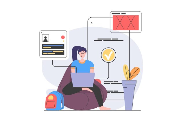 App development concept in modern flat design for web Woman designer programming at laptop engineering social media site interface placing content at homepage mobile mockup Vector illustration