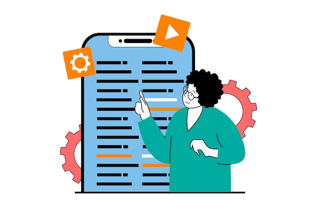 app development concept with people scene in flat web design woman designing application interface searching and fixing code bugs vector illustration for social media banner marketing material