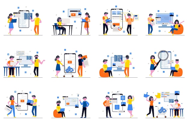 app development concept with tiny people scenes set in flat design bundle of men and women developers creating interfaces layouts coding and optimization for devices vector illustration for web