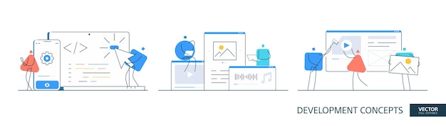 App development illustrations set in thin line style Web code abstract linear vector design concepts Software screen flat icons Tiny geometric people team
