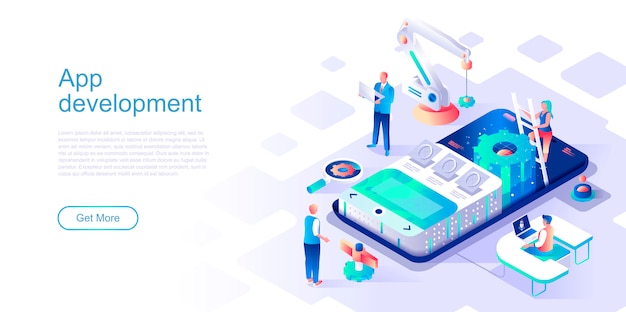 app development isometric landing page vector template.