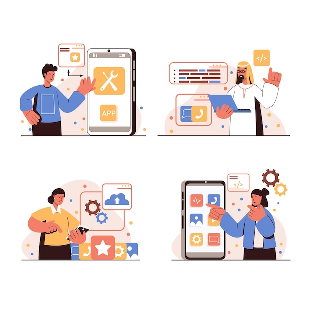 App development people concept isolated scenes set. Men and women create and optimize interface layouts, place elements, page, work with code and analyze data. Vector illustration in flat design