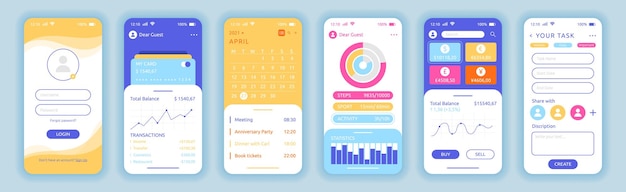 App UI Phone screen interface application Account login Smartphone call and message Finance dashboard Schedule planner with calendar Mobile mockup Vector garish templates set