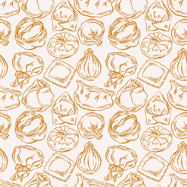 Appetizing seamless with a variety of sketch dumplings. hand-drawn illustration
