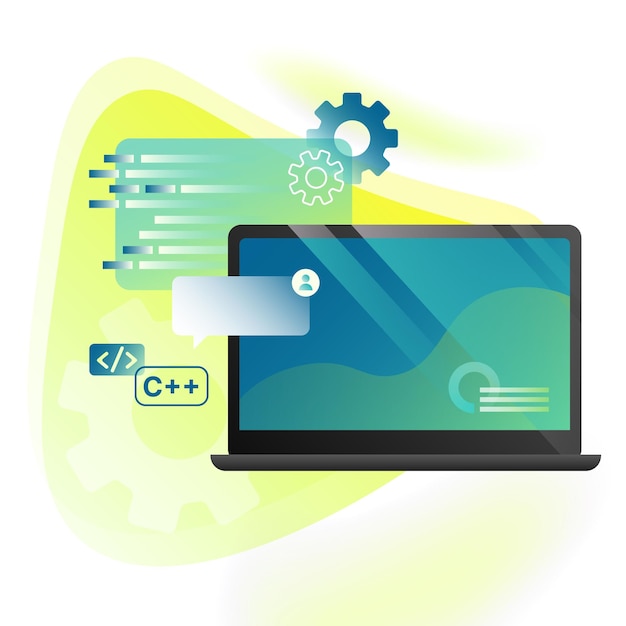 application development illustration detailed coding elements laptop and settings