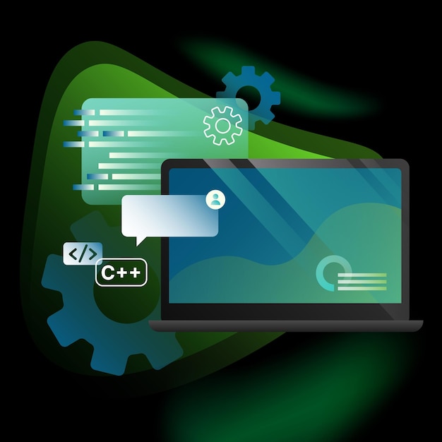 Application Development Illustration Detailed Coding Elements Laptop and Settings