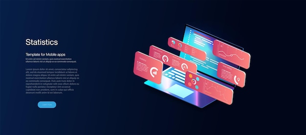 Application with business graph and analytics data on isometric. Analysis trends and software development coding process concept. Programming, testing cross platform code