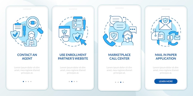 Applying for insurance ways blue onboarding mobile app screen Policy walkthrough 4 steps graphic instructions pages with linear concepts UI UX GUI template Myriad ProBold Regular fonts used