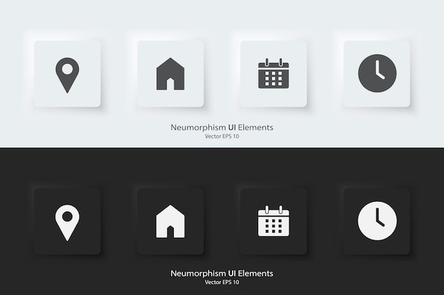 Appointment sign A set of black and white square buttons with appointment symbols Location address date and time icon 3D Neumorphism design style for Websites Interface and mobile apps UI UX