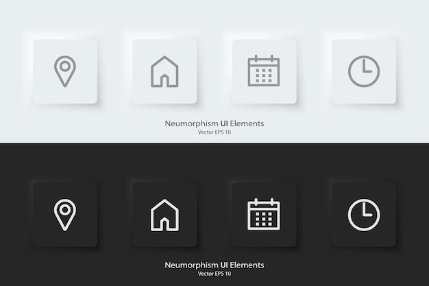 Appointment sign A set of black and white square buttons with appointment symbols Location address date and time icon 3D Neumorphism design style for Websites Interfaces and mobile apps UI UX