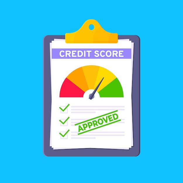 approved credit score gauge speedometer indicator with color levels on clipboard