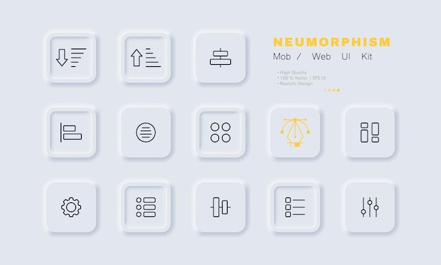Apps menu set icon Applications arrows order alignment bar navigation circle square pictogram list control view settings Technology concept Neomorphism Vector line icon for Business