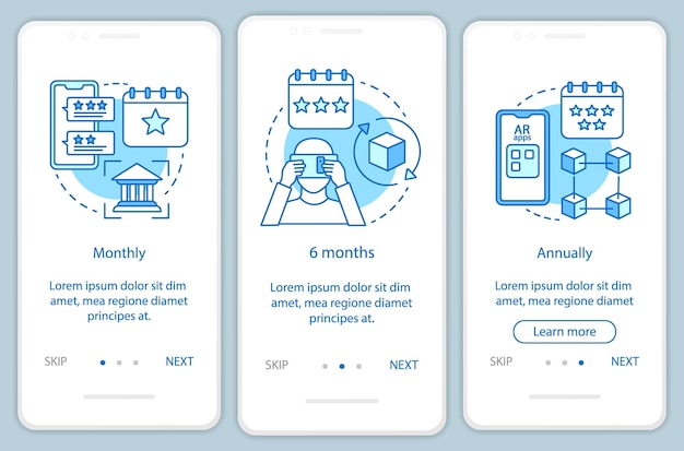 AR tool subscription onboarding mobile app page screen with linear concepts. Three walkthrough steps graphic instructions. Monthly or annually tariffs. UX, UI, GUI vector template with illustrations