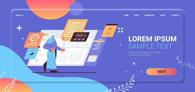 arab businesswoman analyzing charts and graphs data analysis process digital marketing planning company strategy concept full length horizontal copy space vector illustration