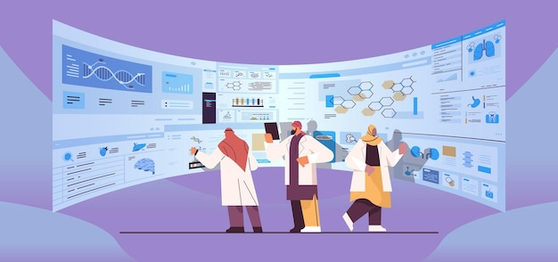 arab scientists team analyzing medical data on virtual board medicine healthcare concept hospital interior full length horizontal vector illustration