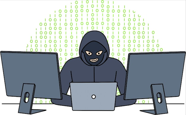 arafed man in a hoodie sitting at a desk with two monitors and a laptop