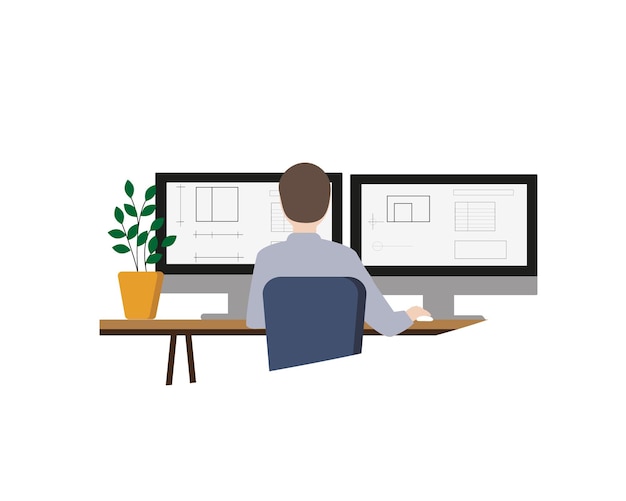 Architect, engineer or designer. Man using computers with two monitors while working on a project
