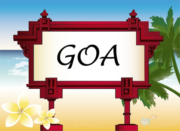 Vector architectural element with an inscription of goa and the background of palm trees and the sea