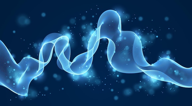 array of particles flowing over dark background, dynamic sound wave. 3d vector illustration. mesh shining round dots, beautiful relaxing wallpaper illustration.