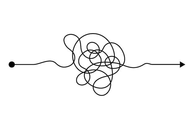 Arrow chaos mindset mess Doodle knot line concept with freehand scrawl sketch Vector hand drawn difficult thought process Tangle path