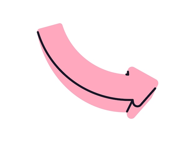 Arrow down right and forward direction Curved element for rotation movement below Showing descent action Navigation pointer pointing Flat vector illustration isolated on white background