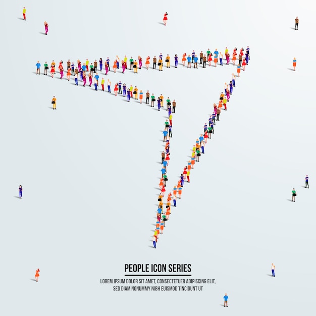 Arrow or cursor concept. large group of people form to create shape arrow. Forward or growth.