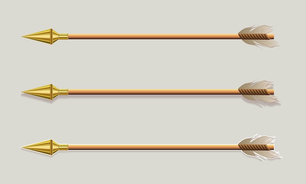 arrow with golden arrowhead, tip and white plumage, set, design element.