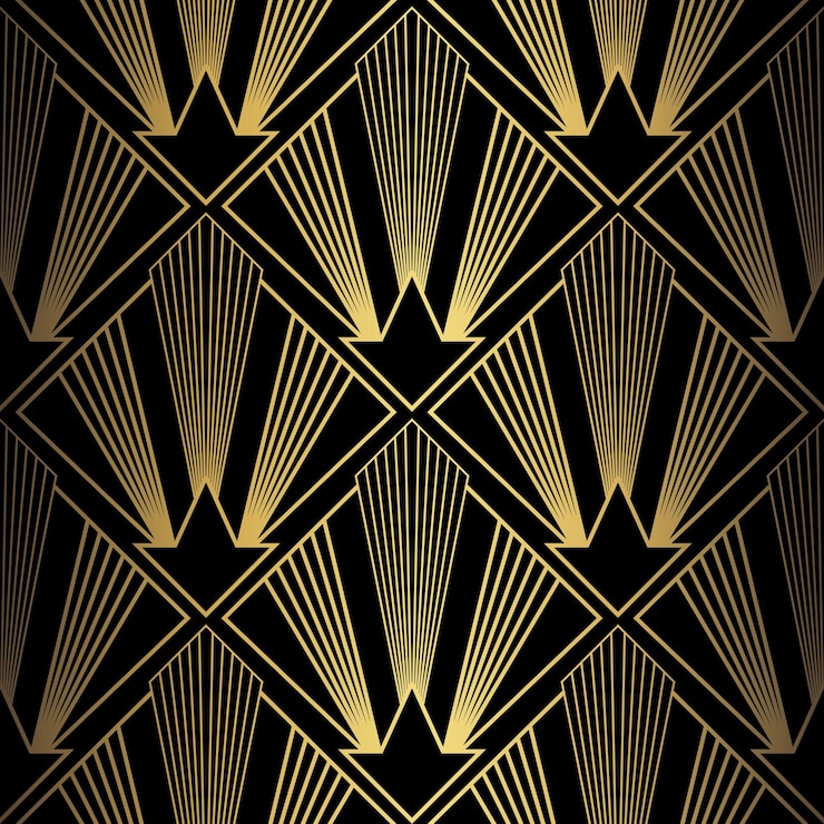 Vector art deco pattern vector background in 1920s style gold black texture fan or palm leaf shape 3d background