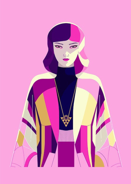 art deco style fashion illustration - beautiful woman symmetrical portrait