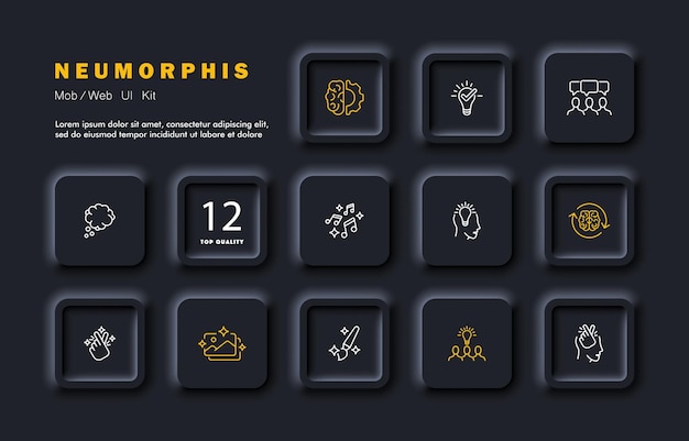 art set icon music note draw paint star light bulb thought brain arrows mind mental picture magic creative occupation concept neomorphism vector line icon for business and advertising