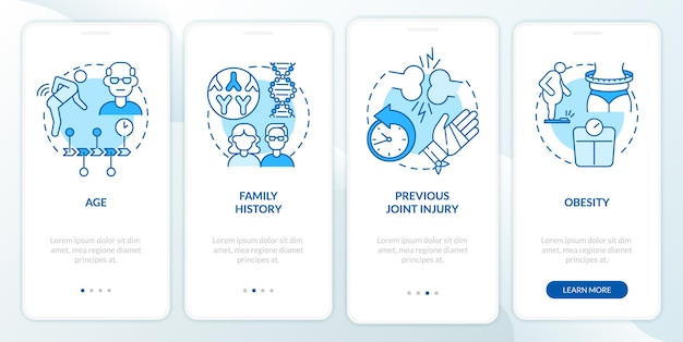 Arthritis risk factors blue onboarding mobile app page screen. Causes of disease walkthrough 4 steps graphic instructions with concepts. UI, UX, GUI vector template with linear color illustrations