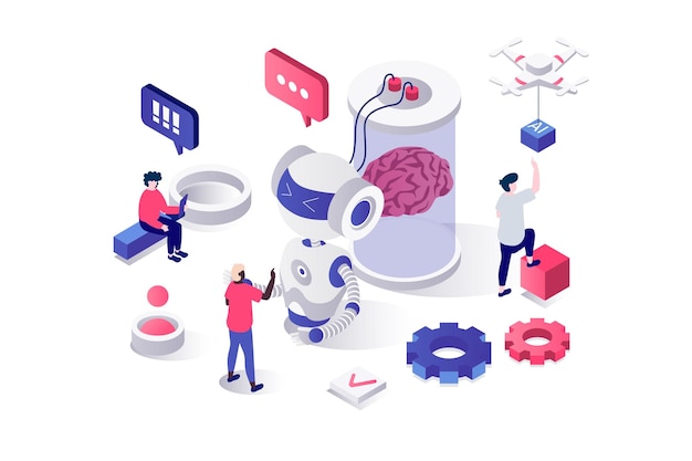 Artificial intelligence 3d isometric concept in geometry graphic design for web People working with AI and robots technology creating brain neural network and machine learning Vector illustration
