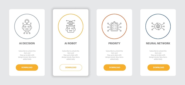 artificial intelligence 4 webpage banners line concept template with ai decision, ai robot, priority, neural network icons. modern web ui design concept