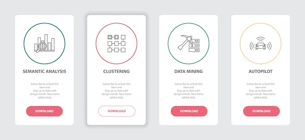 Artificial Intelligence 4 webpage banners line concept template with Semantic Analysis, Clustering, Data mining, Autopilot icons. Modern web UI design concept