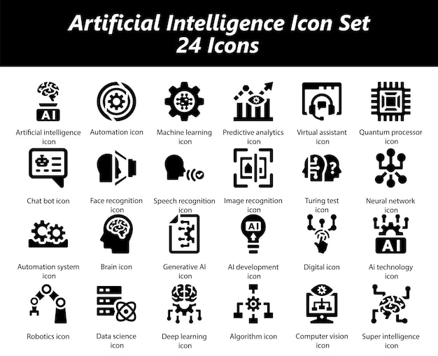 Artificial intelligence black icon set