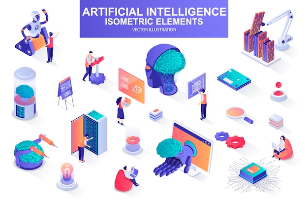 artificial intelligence bundle of isometric elements  illustration