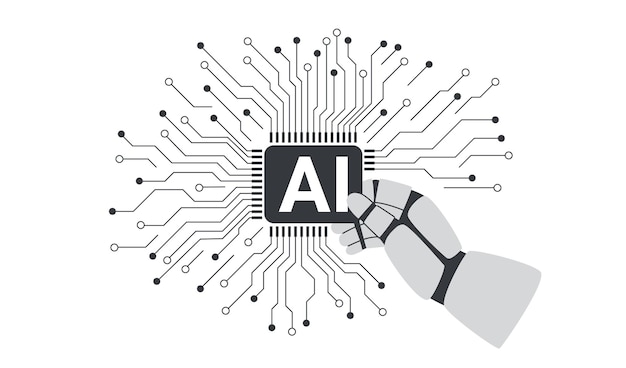 Artificial intelligence chip processor Robots hand holding chip processor isolated on white