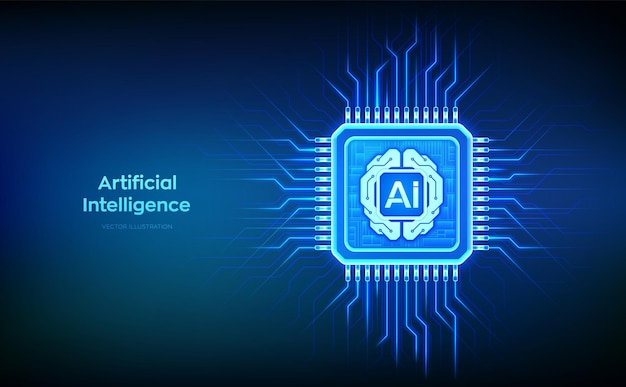 Artificial Intelligence chip with AI digital brain circuit board icon Artificial intelligence integrated into a microprocessor AI processor technology concept CPU microchip Vector illustration
