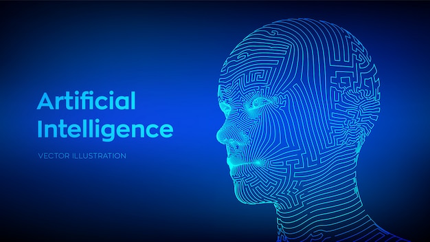 Artificial intelligence concept. Ai digital brain. Abstract digital human face. Human head in robot digital computer interpretation