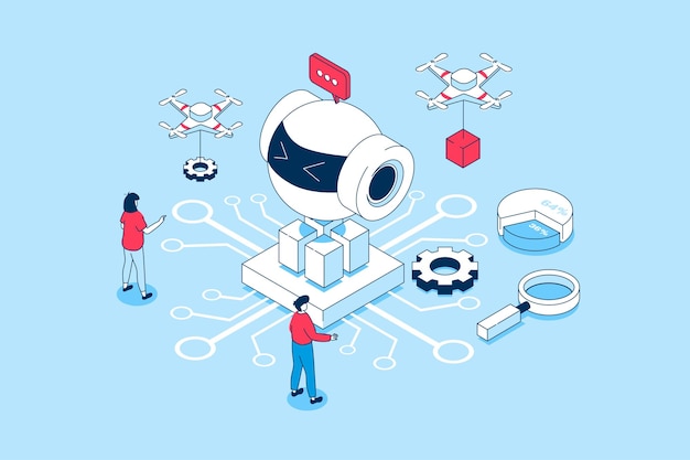 Artificial intelligence concept in 3d isometric design People creating working and programming ai robots machine learning and automation Vector illustration with isometry scene for web graphic