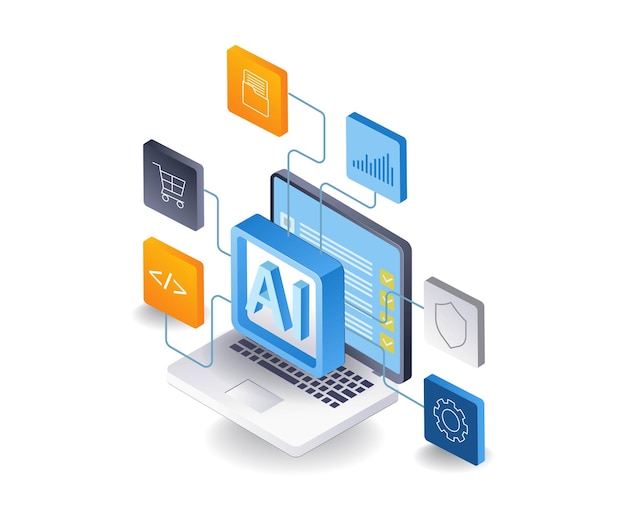 artificial intelligence controls all computer applications flat isometric 3d illustration