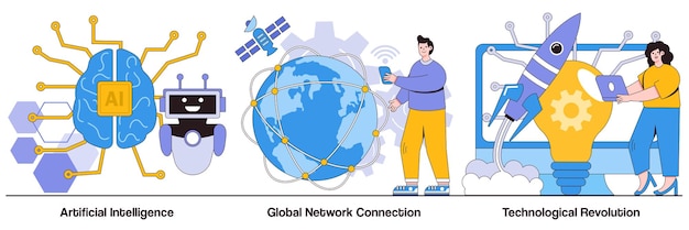 Artificial intelligence global network connection technological revolution concepts with people characters Tech innovations implementation illustration pack Modern technologies progress metaphor