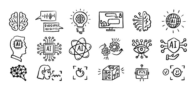 Artificial Intelligence Icons grunge chalk hand drawn doodle Brush set Outline AI drawing crayon