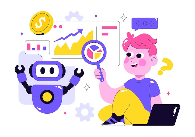 Artificial Intelligence in Business Vector Illustration Featuring Digital Brain Technology and Engineering Concept with Programmer Data and Systems
