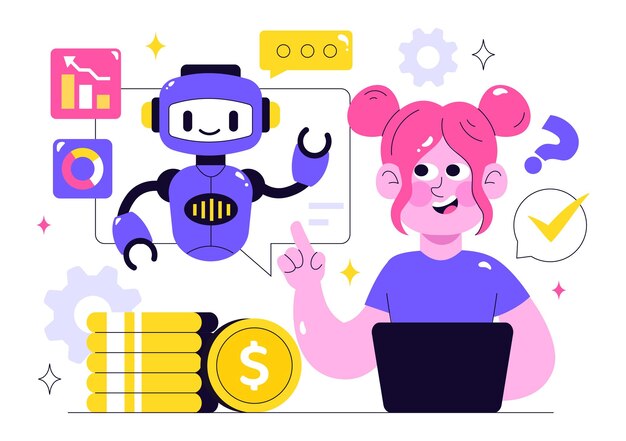 Artificial Intelligence in Business Vector Illustration Featuring Digital Brain Technology and Engineering Concept with Programmer Data and Systems